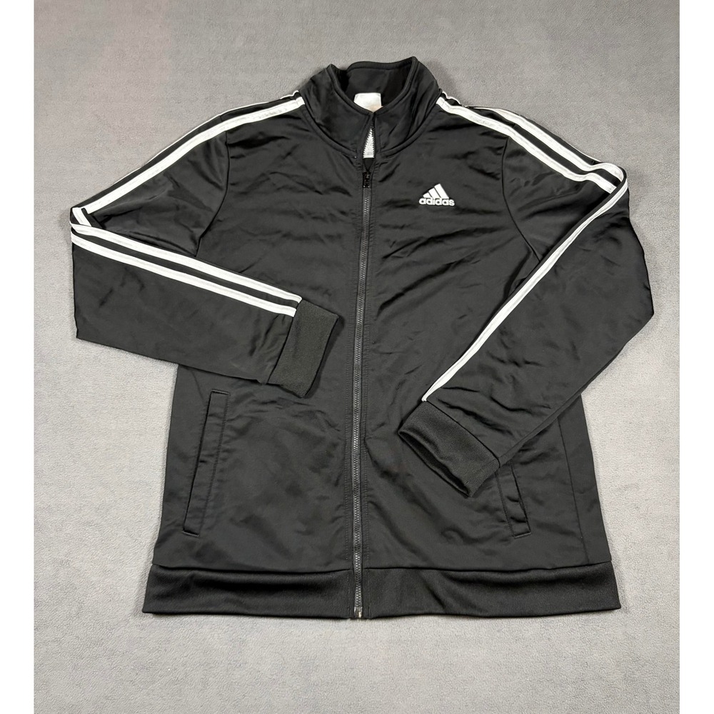 Adidas Track Jacket Kids L Black White 3-Stripe Full Zip Athletic